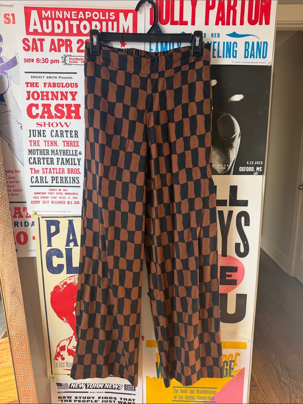 Brown and Black Checkerboard Pants with Pockets
